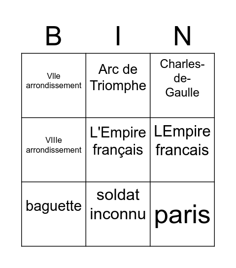 Arc de Triomphe Bingo Card