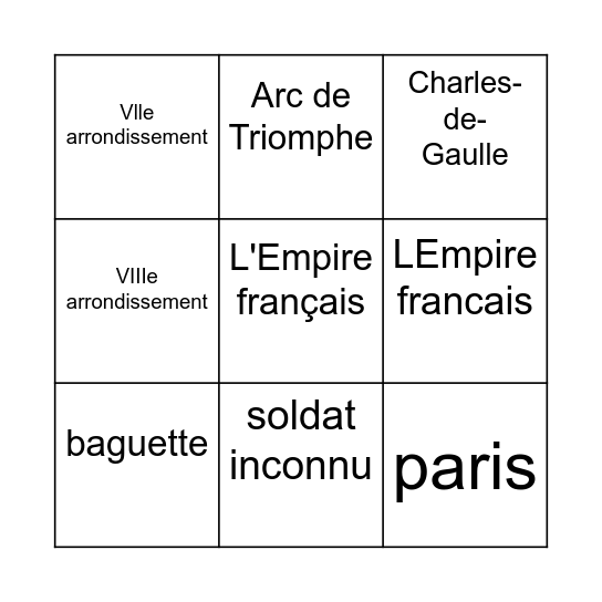 Arc de Triomphe Bingo Card