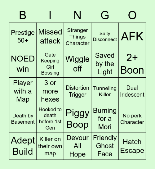 Dead By Daylight Bingo Card