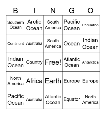 Continents and Oceans Bingo Card