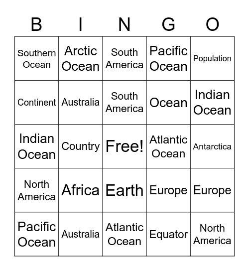 Continents and Oceans Bingo Card