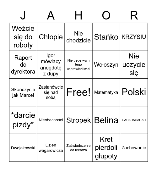 Jachorek Bingo Card