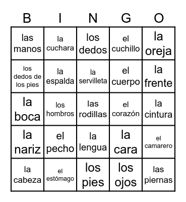 Ch. 9.2--Las Partes del Cuerpo Bingo Card