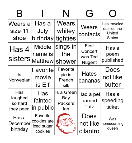 Rice Family Christmas Bingo Card