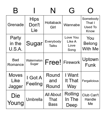 Pop Music Bingo Card