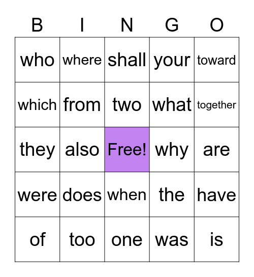 High Frequency Word Bingo 2 Bingo Card