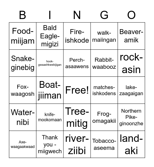 Anishinaabemowin Bingo Card