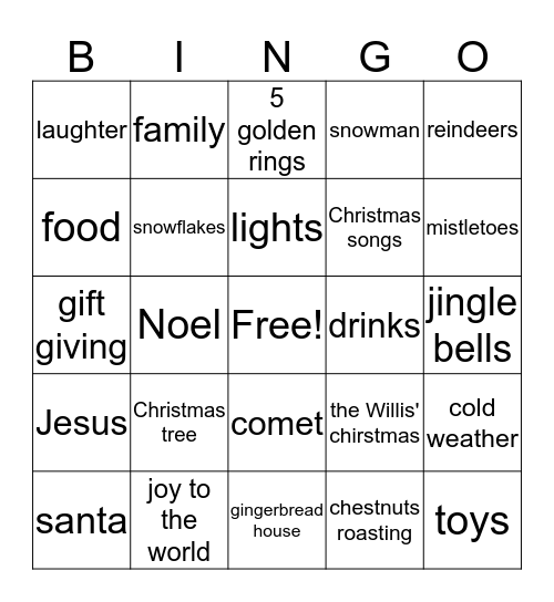 The Willis' christmas Bingo Card