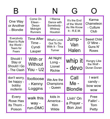 80's Music Bingo Card