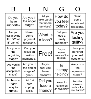 Grief and Loss Bingo Card