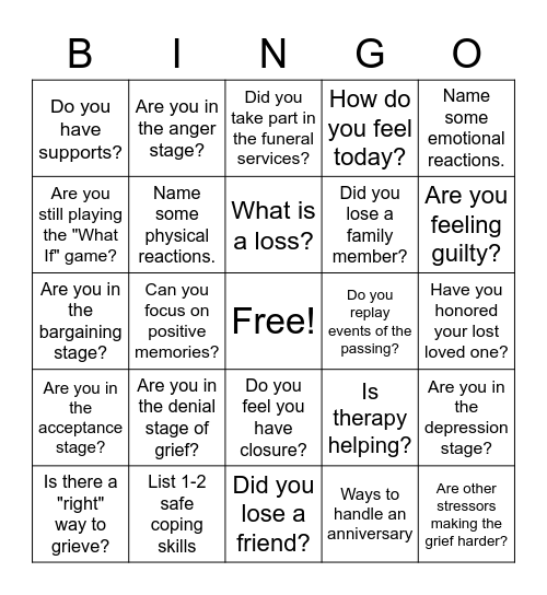 Grief and Loss Bingo Card