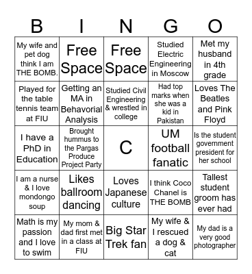 Carlos' Family Bingo Card