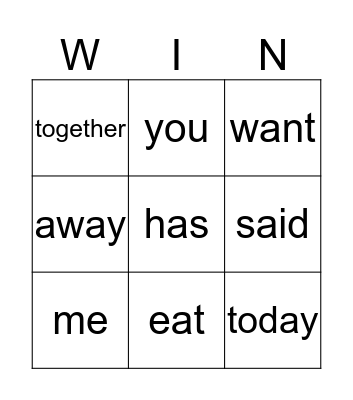 sight words Bingo Card