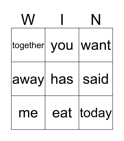 sight words Bingo Card