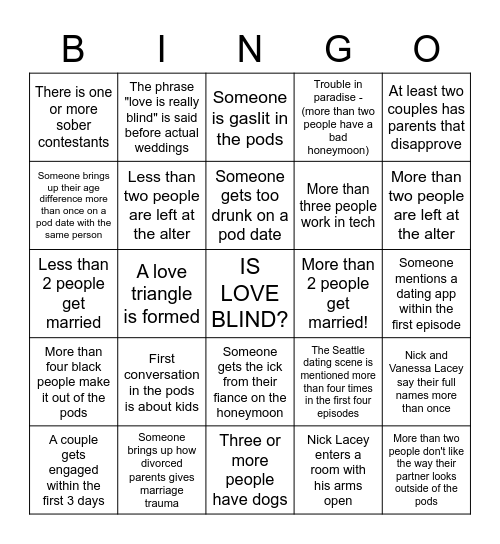 Love is Blind Season 4 Bingo Card Bingo Card