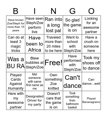 Stephond & Zoe Wedding BINGO Card