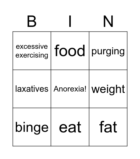 Anorexia Nervosa Bingo Card
