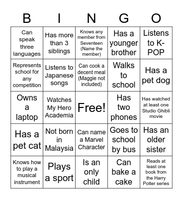 FIND ME! Bingo Card