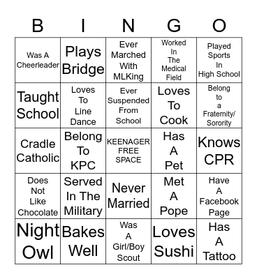 Chat N' Chew Bingo Card