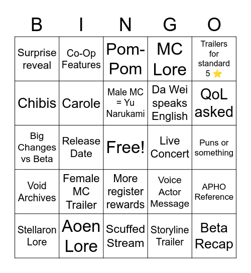 Honkai Star Rail Livestream Bingo Card