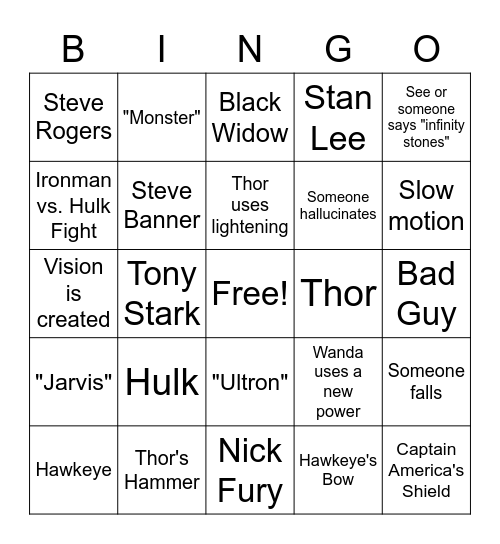 Age of Ultron Bingo Card