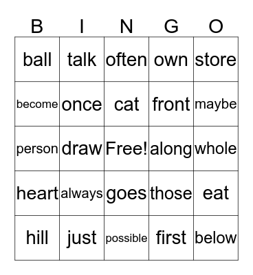Sight Word Bingo Card