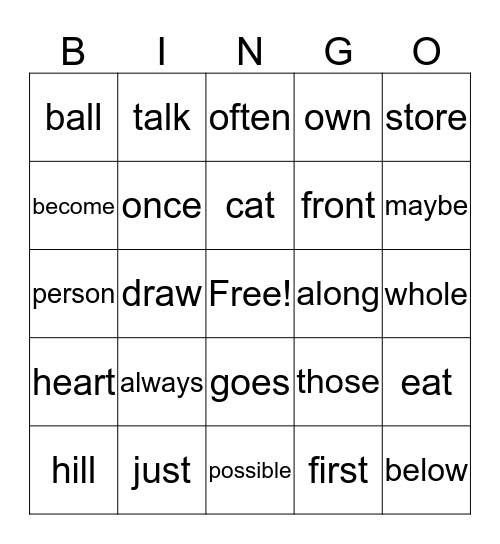 Sight Word Bingo Card