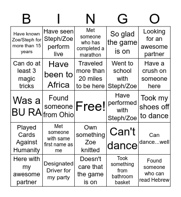 Stephond & Zoe Wedding BINGO Card