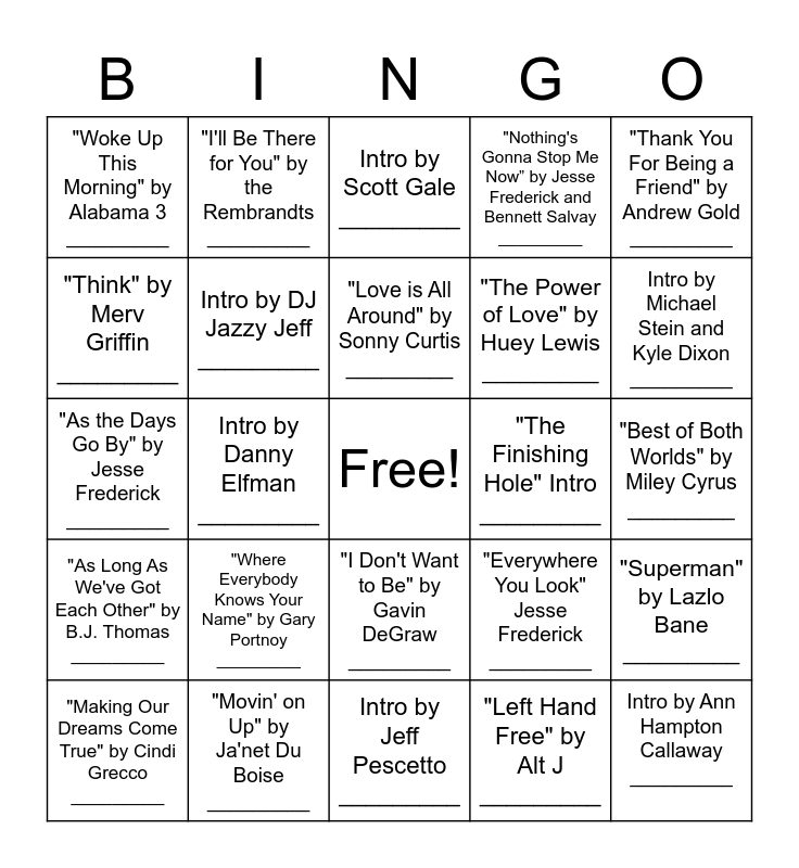 Theme Song Bingo! Bingo Card