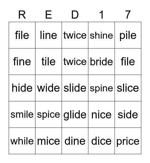 Red 17 Bingo Card