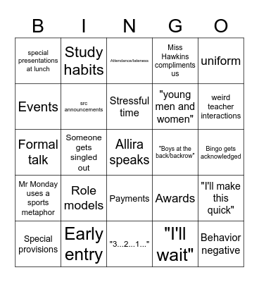Assembly bingo Card