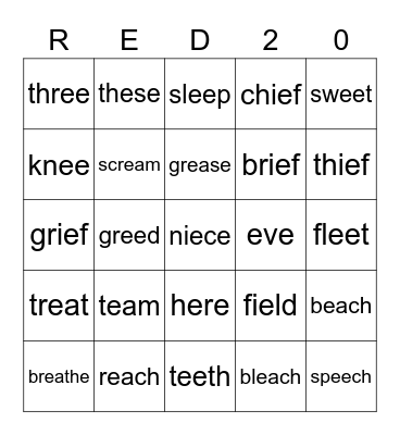RED 20 Bingo Card