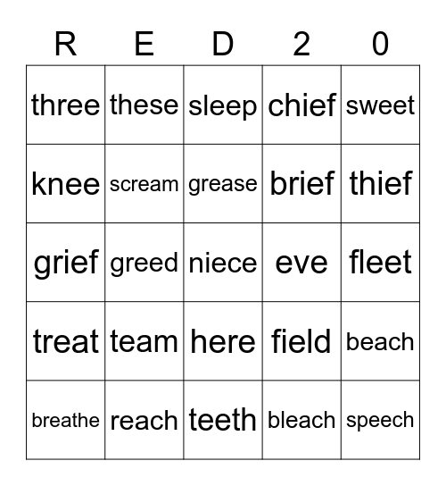 RED 20 Bingo Card