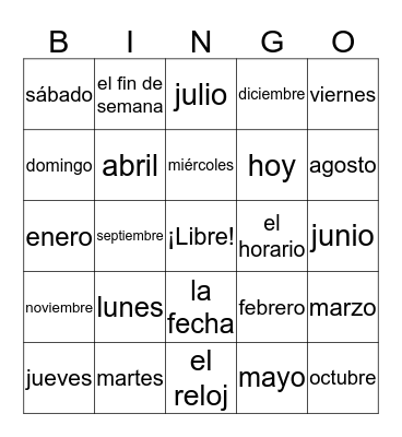 Los días de la semana y los meses Bingo Card