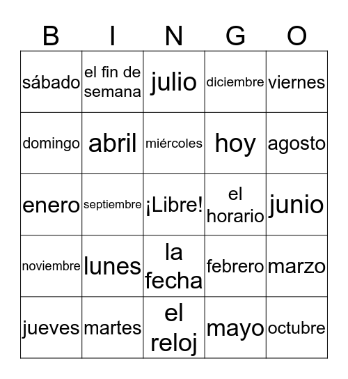 Los días de la semana y los meses Bingo Card