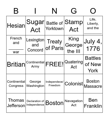 Revolutionary War Bingo Card