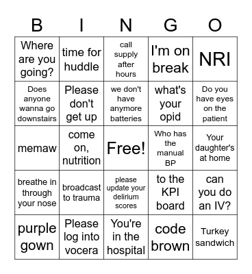 Nightshift nurse bingo Card