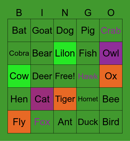 Annimal Bingo Card