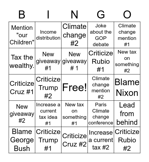 Democratic Party Debate Bingo Card