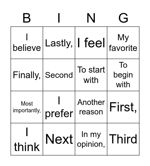 Opinion Transitions & Providing Reasons Bingo Card