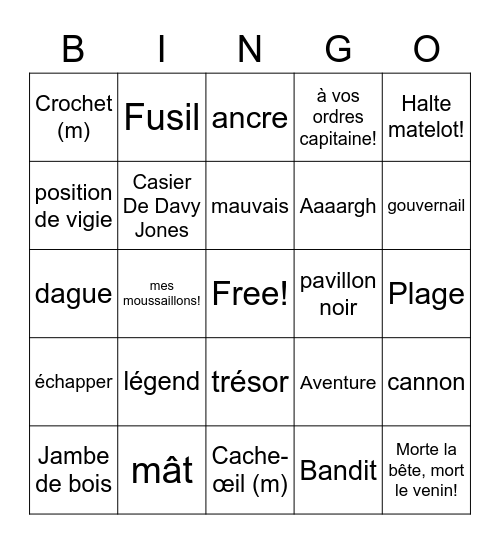 Pirates in French Bingo Card