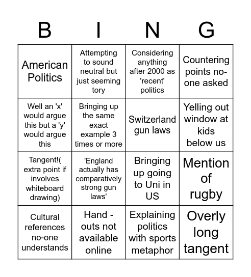Politics class bingo Card