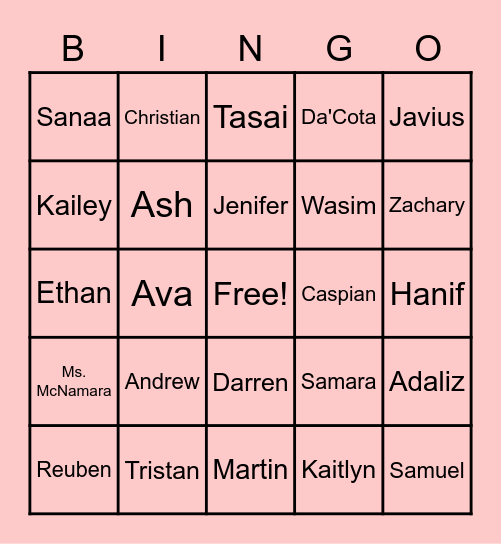 Period 6 Classmates Bingo Card