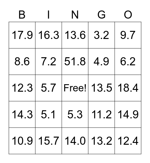 Bingo 10.6C Bingo Card