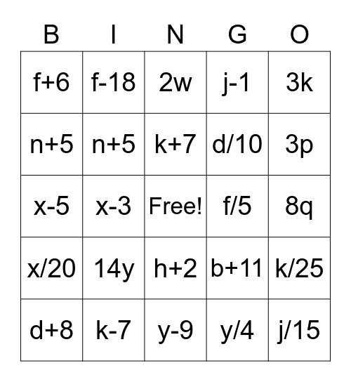 Writing Expressions Bingo Card