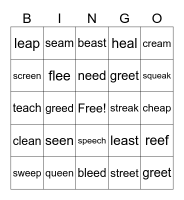 Long e (/ea/ & /ee/ Bingo Card