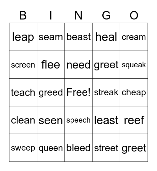 Long e (/ea/ & /ee/ Bingo Card