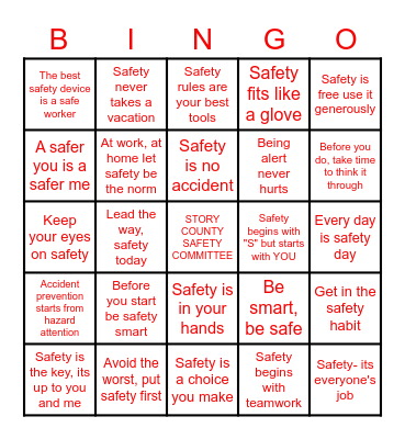 SAFETY SLOGAN Bingo Card