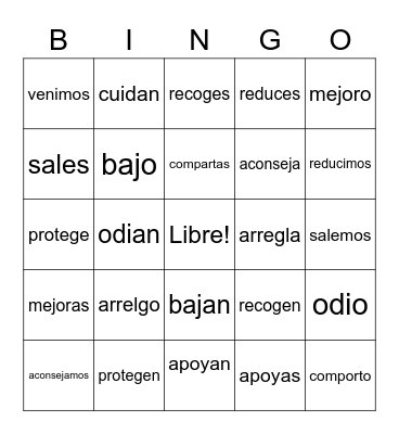 Verb Bingo Card