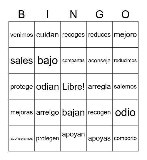 Verb Bingo Card